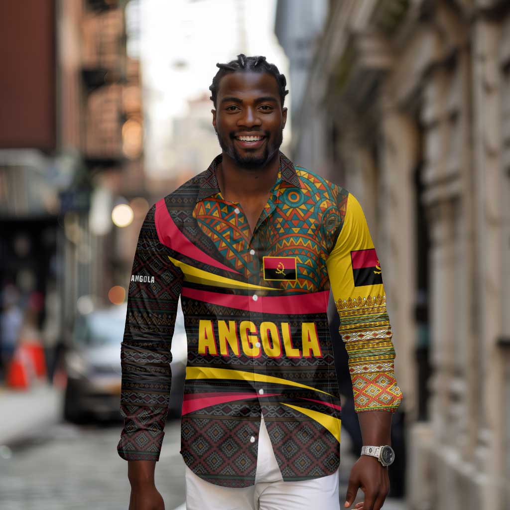 Angola Long Sleeve Button Shirt Red Black Yellow Tribal and Elephant - African Pride