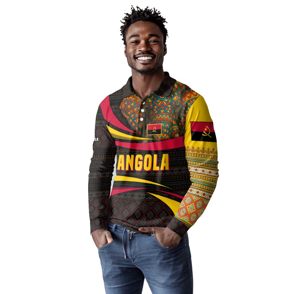 Angola Long Sleeve Polo Shirt Red Black Yellow Tribal and Elephant - African Pride