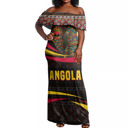 Angola Off Shoulder Maxi Dress Red Black Yellow Tribal and Elephant - African Pride