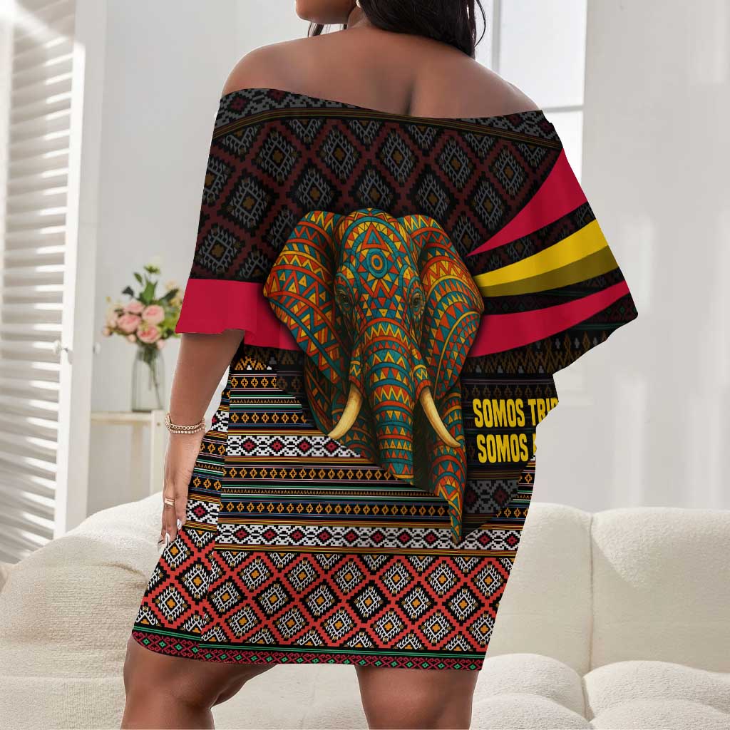 Angola Off Shoulder Short Dress Red Black Yellow Tribal and Elephant - African Pride