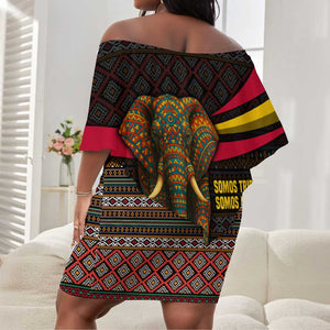 Angola Off Shoulder Short Dress Red Black Yellow Tribal and Elephant - African Pride