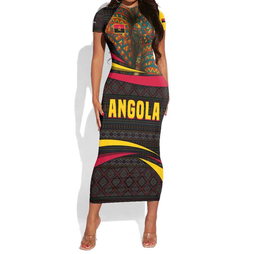 Angola Short Sleeve Bodycon Dress Red Black Yellow Tribal and Elephant - African Pride
