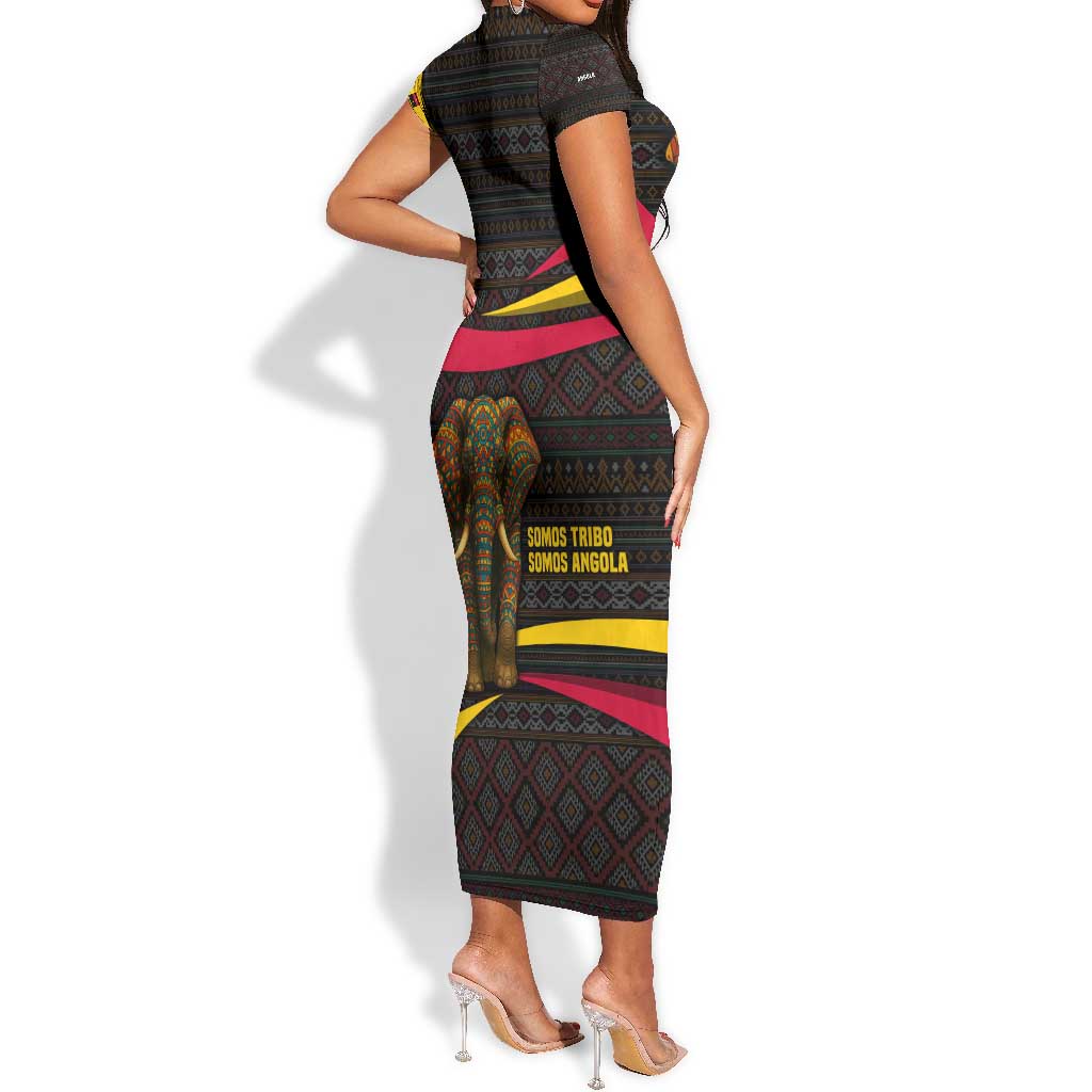 Angola Short Sleeve Bodycon Dress Red Black Yellow Tribal and Elephant - African Pride