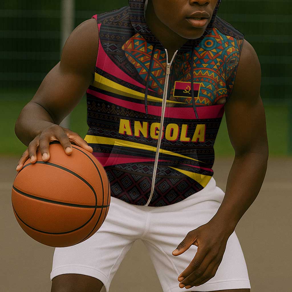 Angola Sleeveless Zip Hoodie Red Black Yellow Tribal and Elephant - African Pride