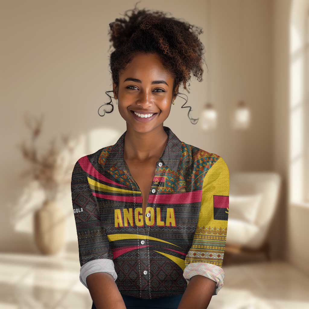 Angola Women Casual Shirt Red Black Yellow Tribal and Elephant - African Pride