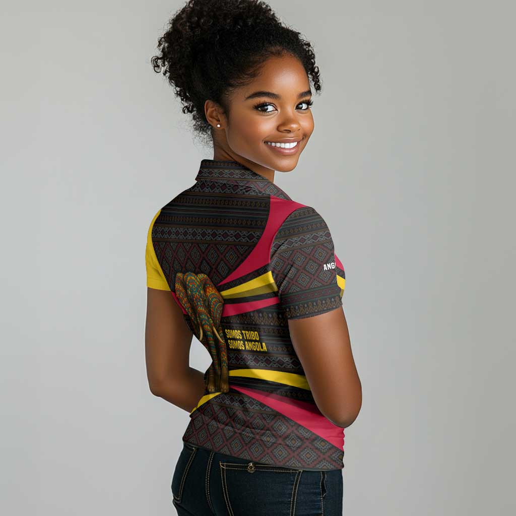 Angola Women Polo Shirt Red Black Yellow Tribal and Elephant - African Pride