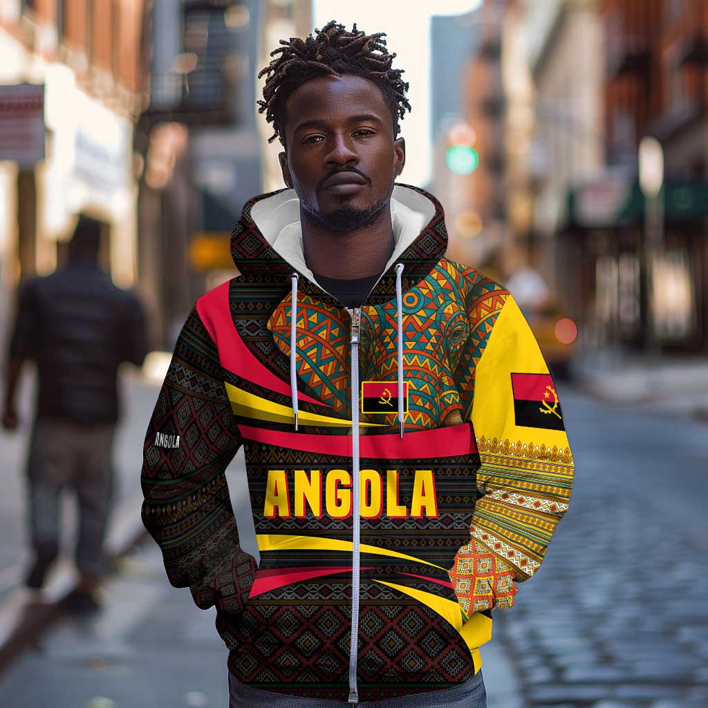 Angola Zip Hoodie Red Black Yellow Tribal and Elephant - African Pride