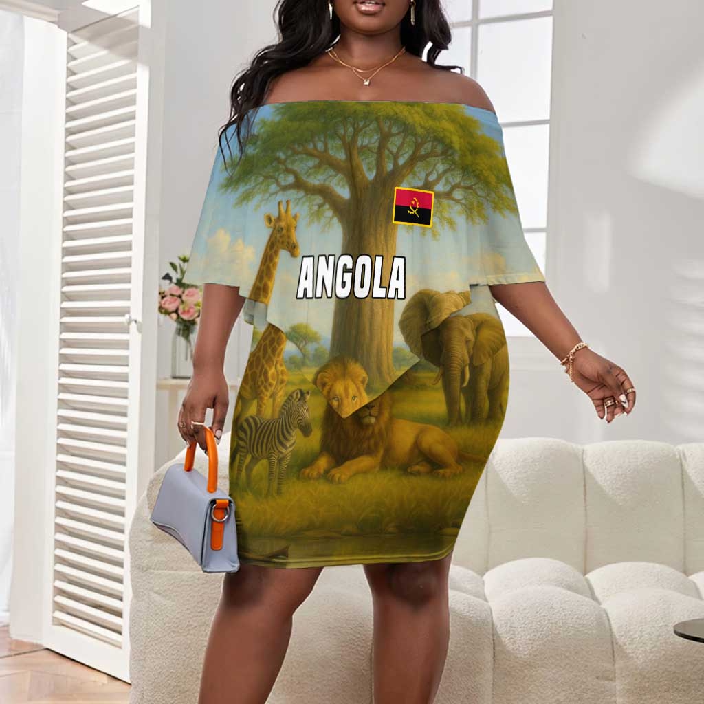 Angola Off Shoulder Short Dress Savannah Wildlife and African Animal - African Pride