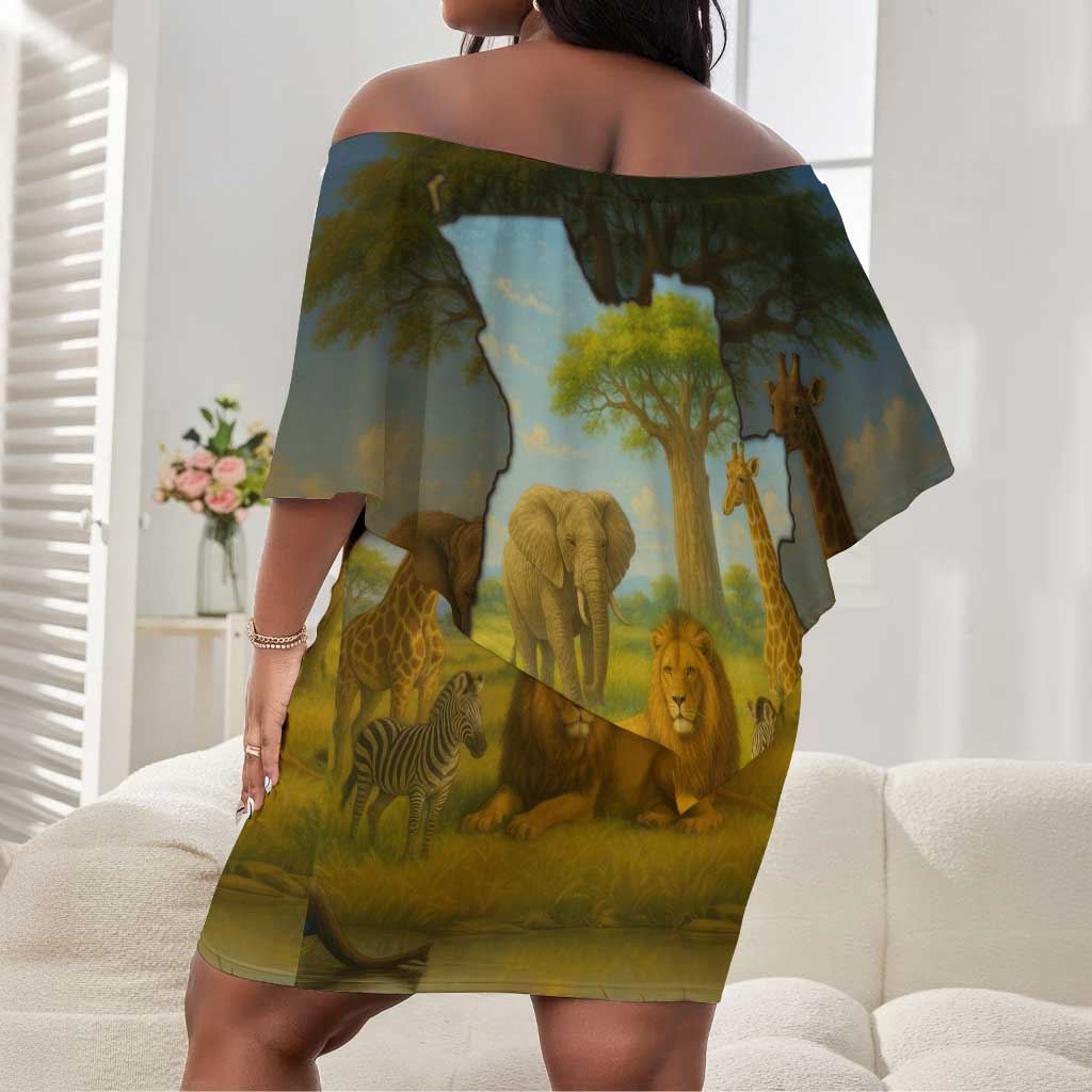 Angola Off Shoulder Short Dress Savannah Wildlife and African Animal - African Pride