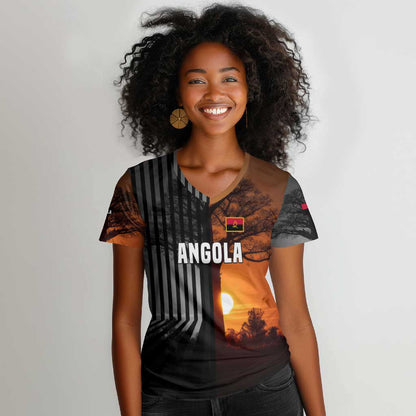 Angola Women V-Neck T-Shirt Sunset Zebra Design and African Nature - African Pride