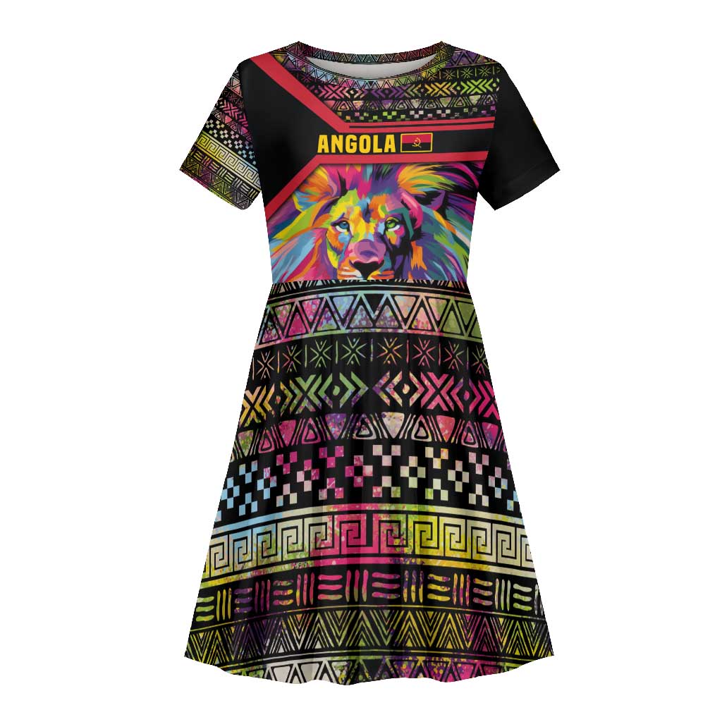 Angola Kid Short Sleeve Dress Multicolor Tribal Design and Vibrant Lion - African Pride
