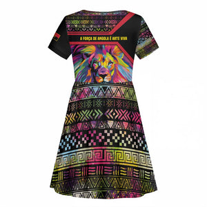 Angola Kid Short Sleeve Dress Multicolor Tribal Design and Vibrant Lion - African Pride