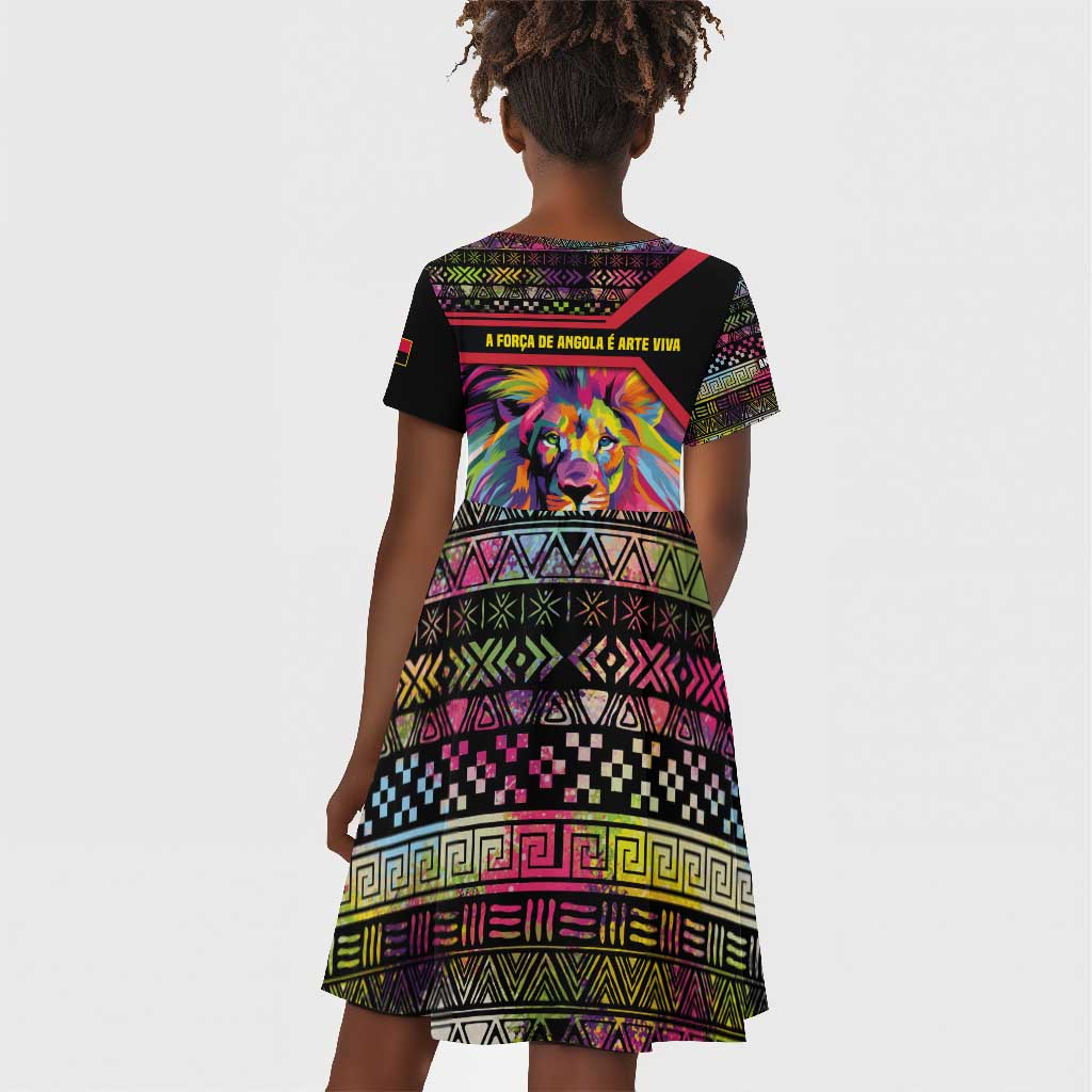 Angola Kid Short Sleeve Dress Multicolor Tribal Design and Vibrant Lion - African Pride