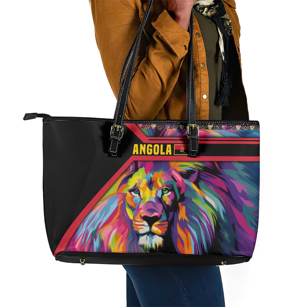 Angola Leather Tote Bag Multicolor Tribal Design and Vibrant Lion - African Pride