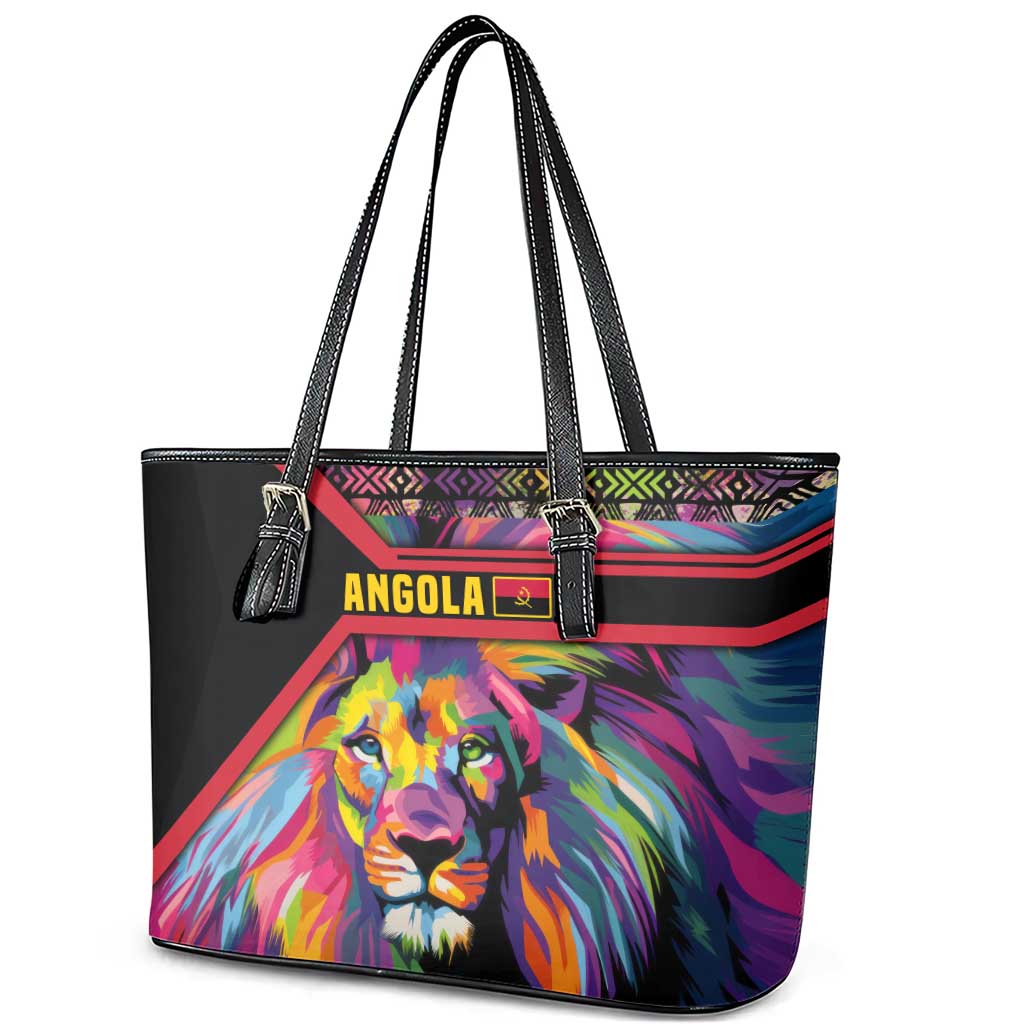 Angola Leather Tote Bag Multicolor Tribal Design and Vibrant Lion - African Pride