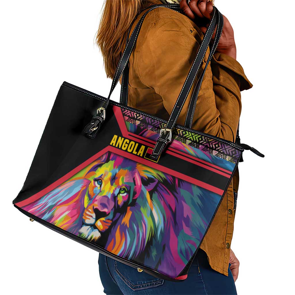 Angola Leather Tote Bag Multicolor Tribal Design and Vibrant Lion - African Pride