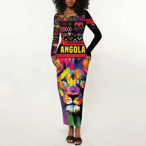 Angola Long Sleeve Bodycon Dress Multicolor Tribal Design and Vibrant Lion - African Pride
