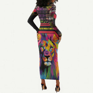Angola Long Sleeve Bodycon Dress Multicolor Tribal Design and Vibrant Lion - African Pride