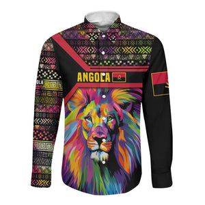 Angola Long Sleeve Button Shirt Multicolor Tribal Design and Vibrant Lion - African Pride