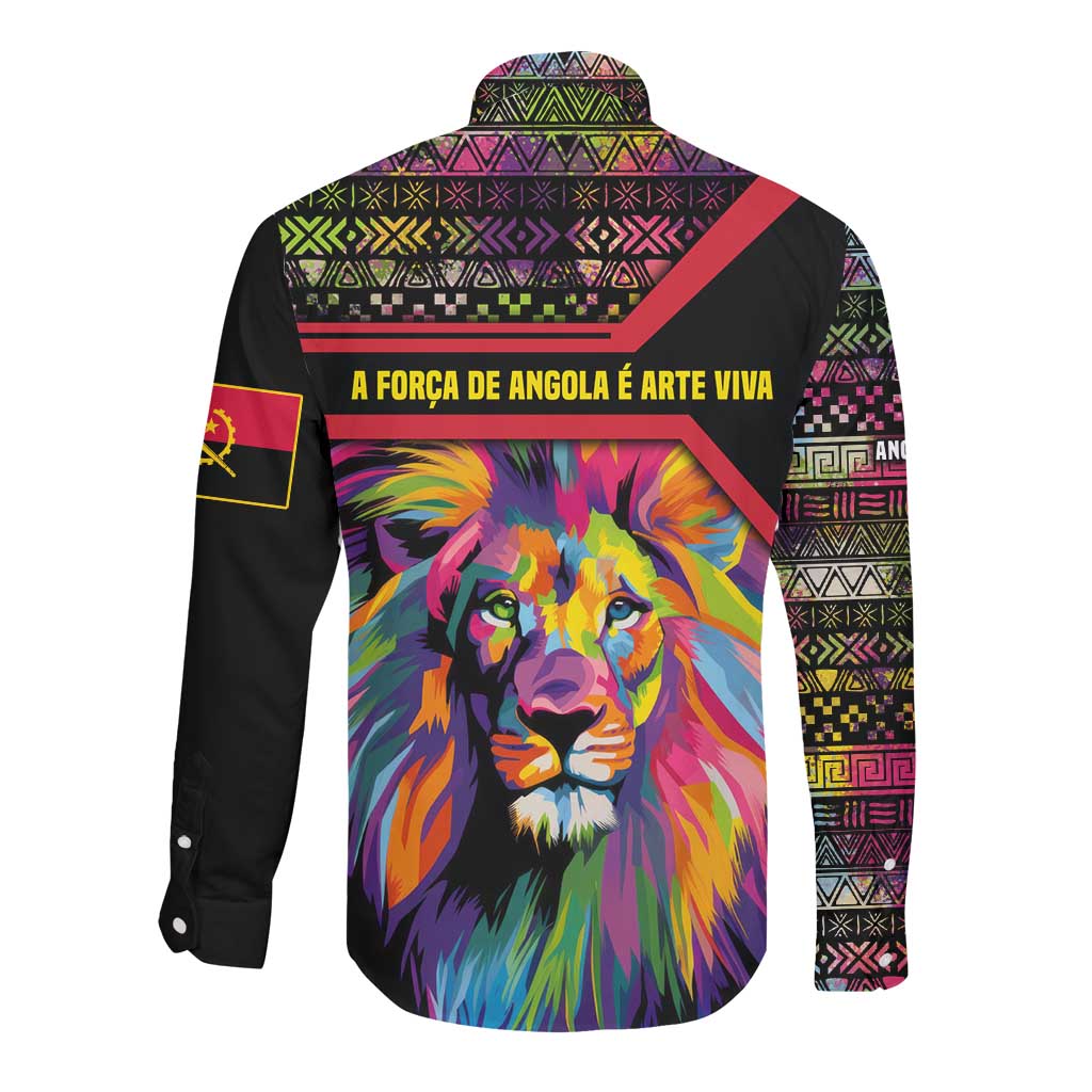 Angola Long Sleeve Button Shirt Multicolor Tribal Design and Vibrant Lion - African Pride