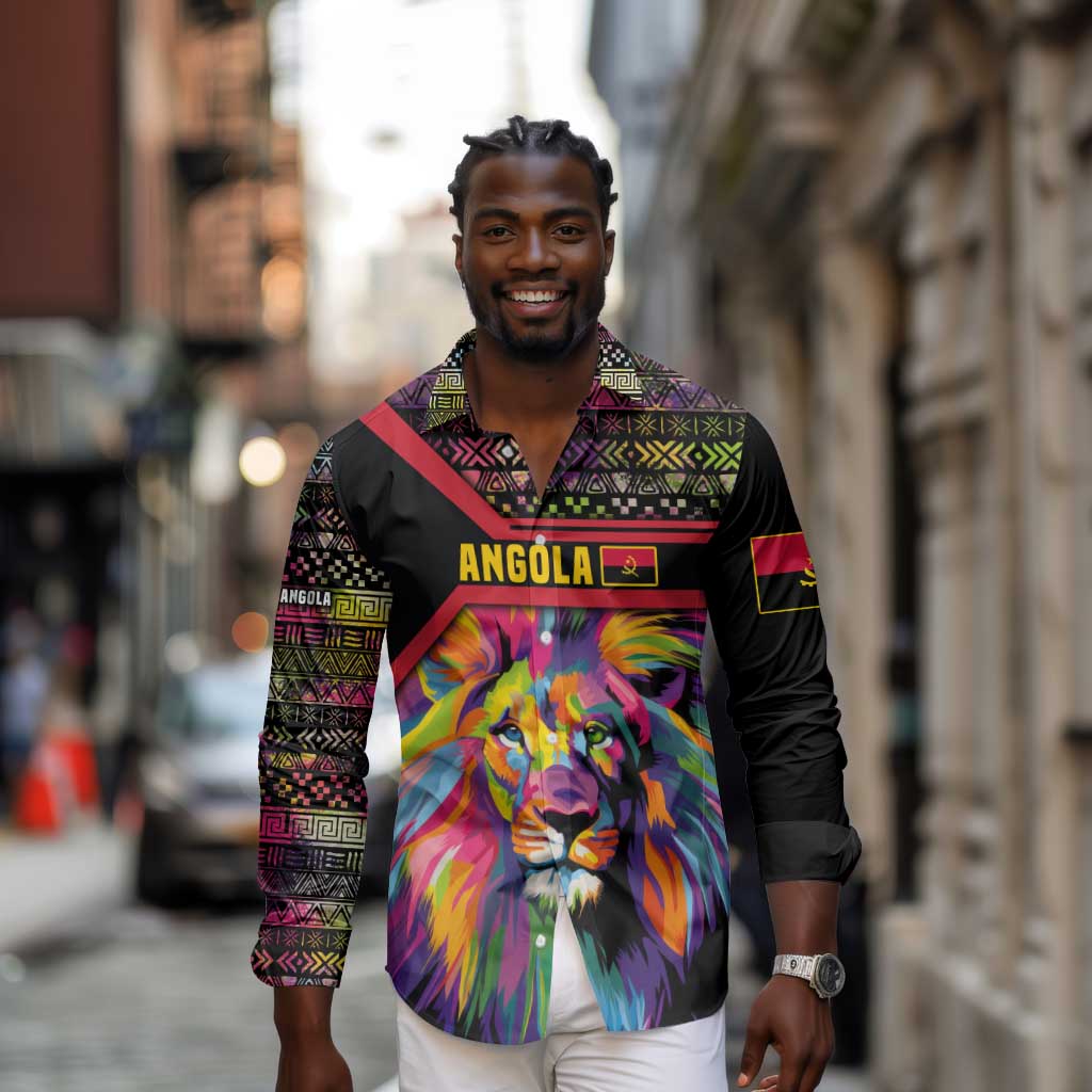 Angola Long Sleeve Button Shirt Multicolor Tribal Design and Vibrant Lion - African Pride