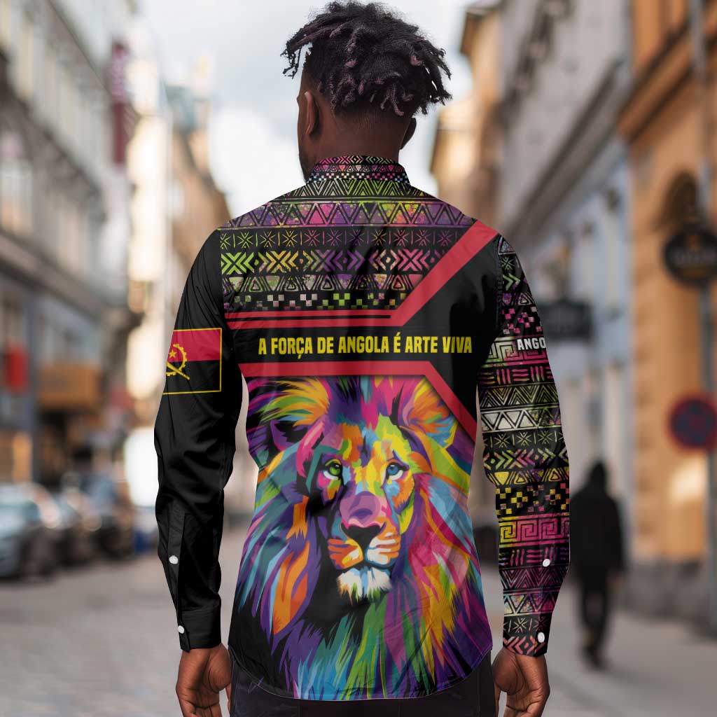 Angola Long Sleeve Button Shirt Multicolor Tribal Design and Vibrant Lion - African Pride