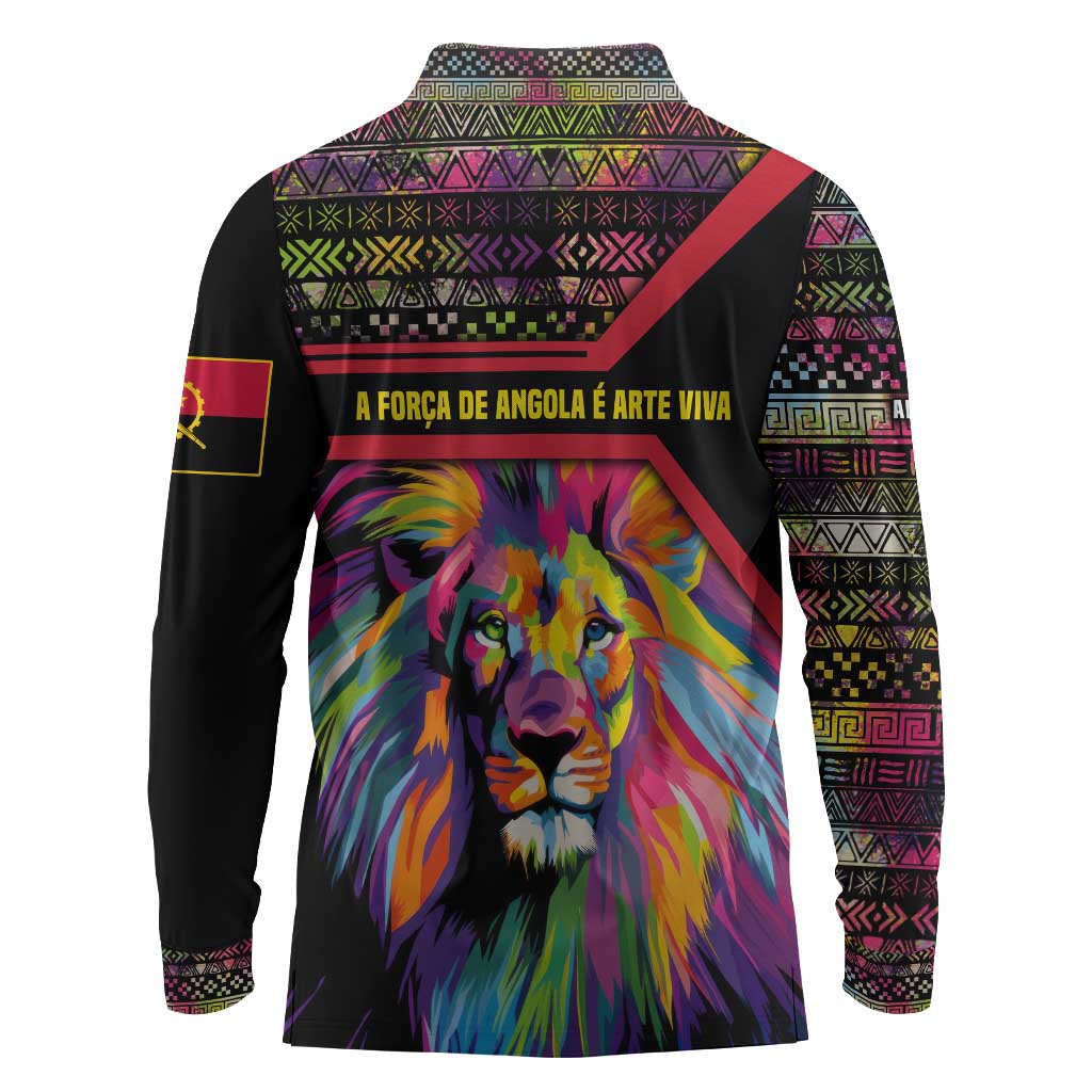 Angola Long Sleeve Polo Shirt Multicolor Tribal Design and Vibrant Lion - African Pride