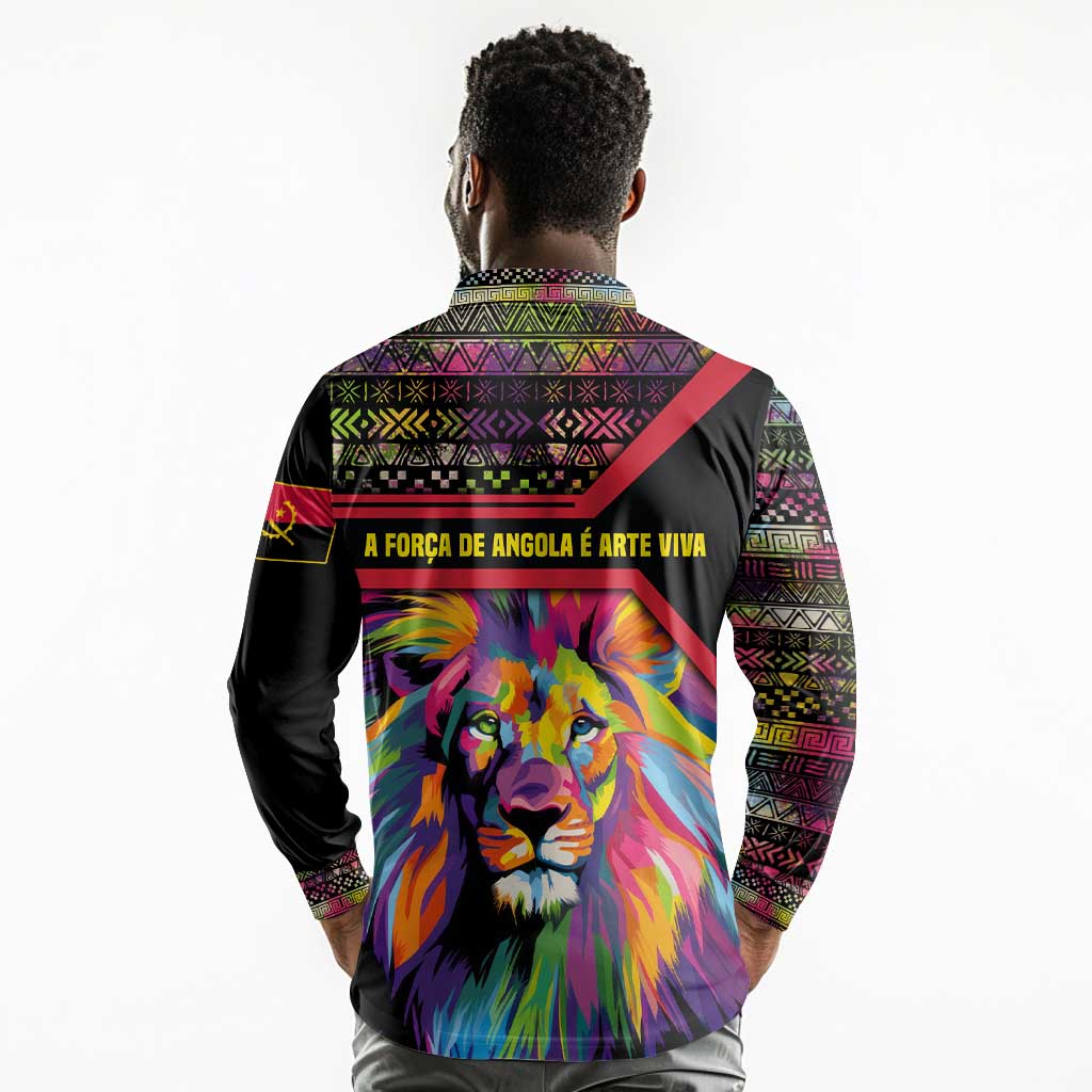 Angola Long Sleeve Polo Shirt Multicolor Tribal Design and Vibrant Lion - African Pride