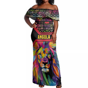 Angola Off Shoulder Maxi Dress Multicolor Tribal Design and Vibrant Lion - African Pride