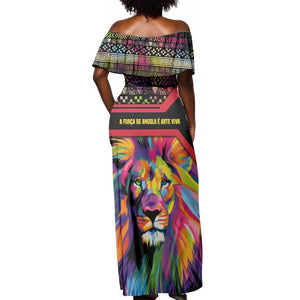 Angola Off Shoulder Maxi Dress Multicolor Tribal Design and Vibrant Lion - African Pride
