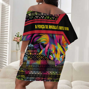 Angola Off Shoulder Short Dress Multicolor Tribal Design and Vibrant Lion - African Pride