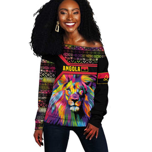 Angola Off Shoulder Sweater Multicolor Tribal Design and Vibrant Lion - African Pride