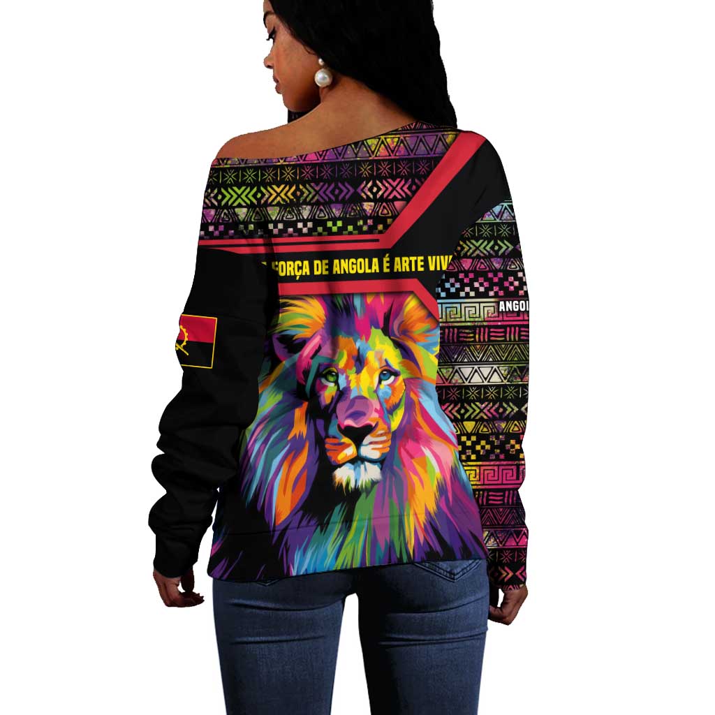 Angola Off Shoulder Sweater Multicolor Tribal Design and Vibrant Lion - African Pride