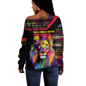 Angola Off Shoulder Sweater Multicolor Tribal Design and Vibrant Lion - African Pride