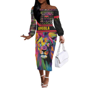 Angola Off The Shoulder Long Sleeve Dress Multicolor Tribal Design and Vibrant Lion - African Pride