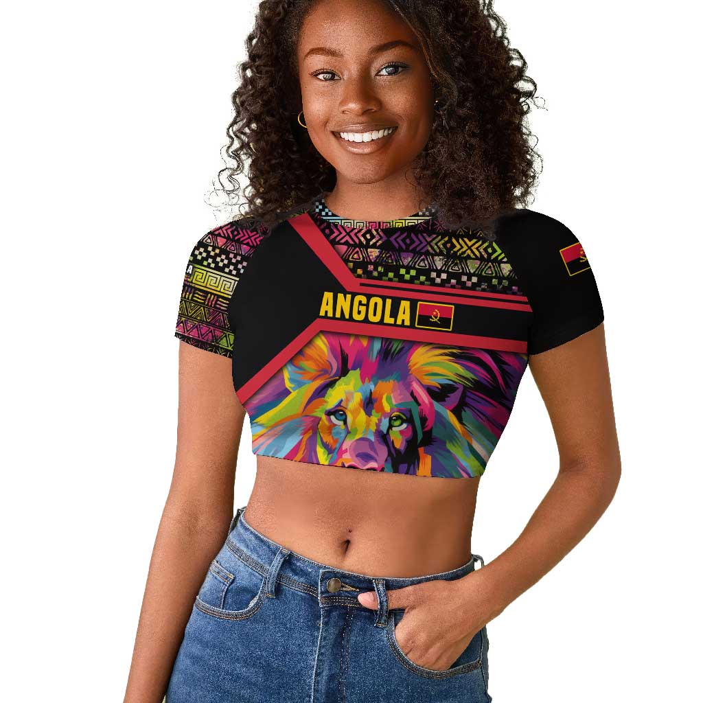 Angola Raglan Cropped T shirt Multicolor Tribal Design and Vibrant Lion - African Pride