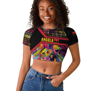 Angola Raglan Cropped T shirt Multicolor Tribal Design and Vibrant Lion - African Pride