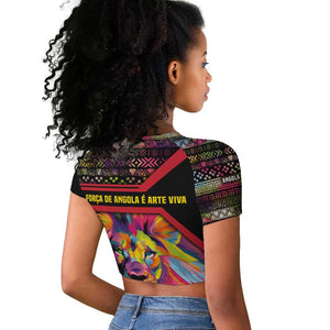 Angola Raglan Cropped T shirt Multicolor Tribal Design and Vibrant Lion - African Pride