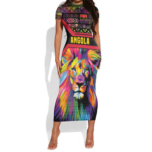 Angola Short Sleeve Bodycon Dress Multicolor Tribal Design and Vibrant Lion - African Pride