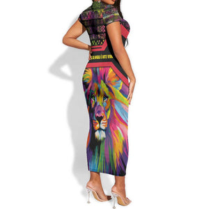 Angola Short Sleeve Bodycon Dress Multicolor Tribal Design and Vibrant Lion - African Pride