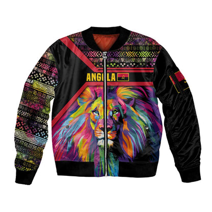 Angola Sleeve Zip Bomber Jacket Multicolor Tribal Design and Vibrant Lion - African Pride