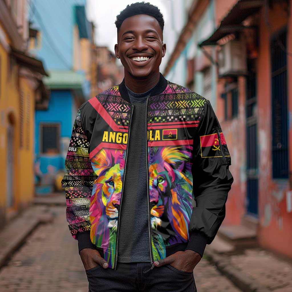 Angola Sleeve Zip Bomber Jacket Multicolor Tribal Design and Vibrant Lion - African Pride