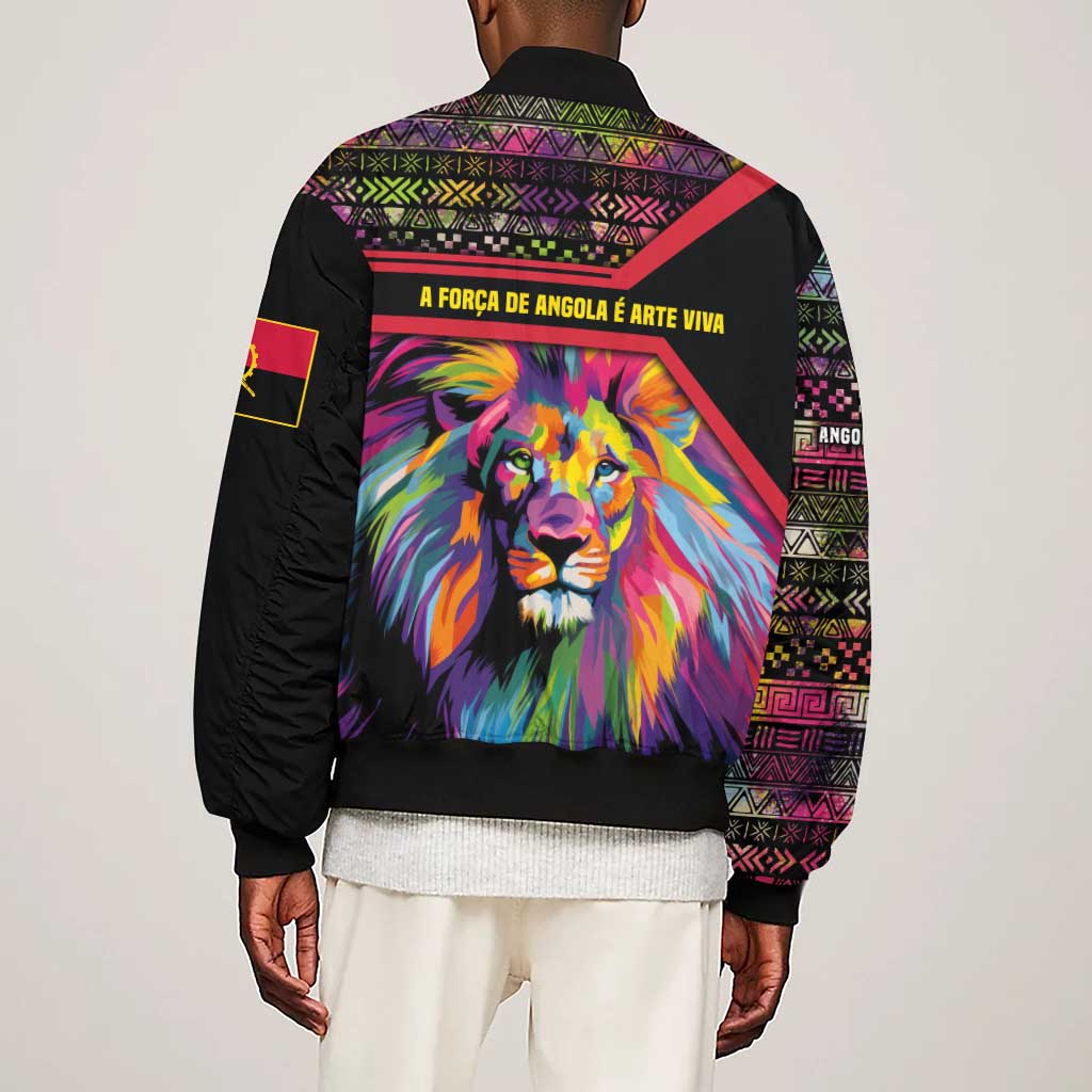 Angola Sleeve Zip Bomber Jacket Multicolor Tribal Design and Vibrant Lion - African Pride