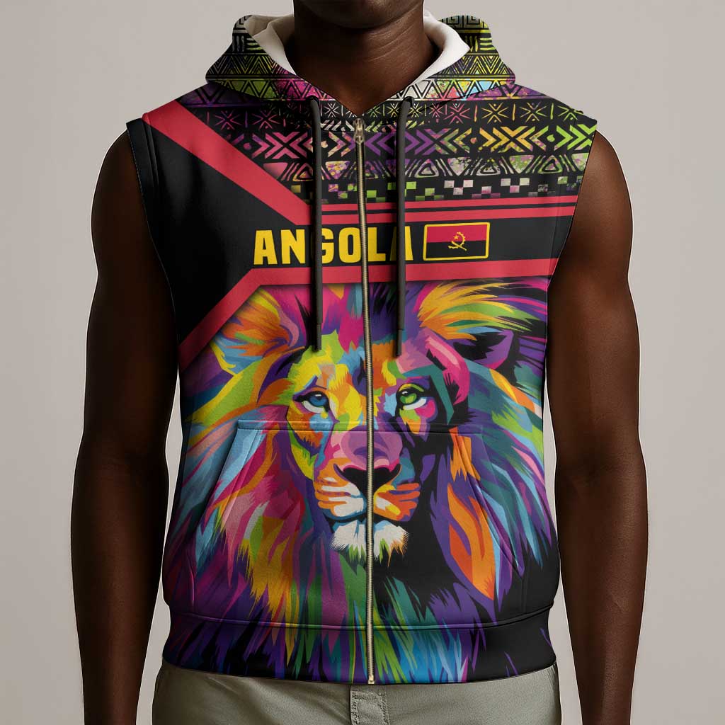 Angola Sleeveless Zip Hoodie Multicolor Tribal Design and Vibrant Lion - African Pride