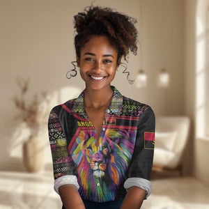 Angola Women Casual Shirt Multicolor Tribal Design and Vibrant Lion - African Pride