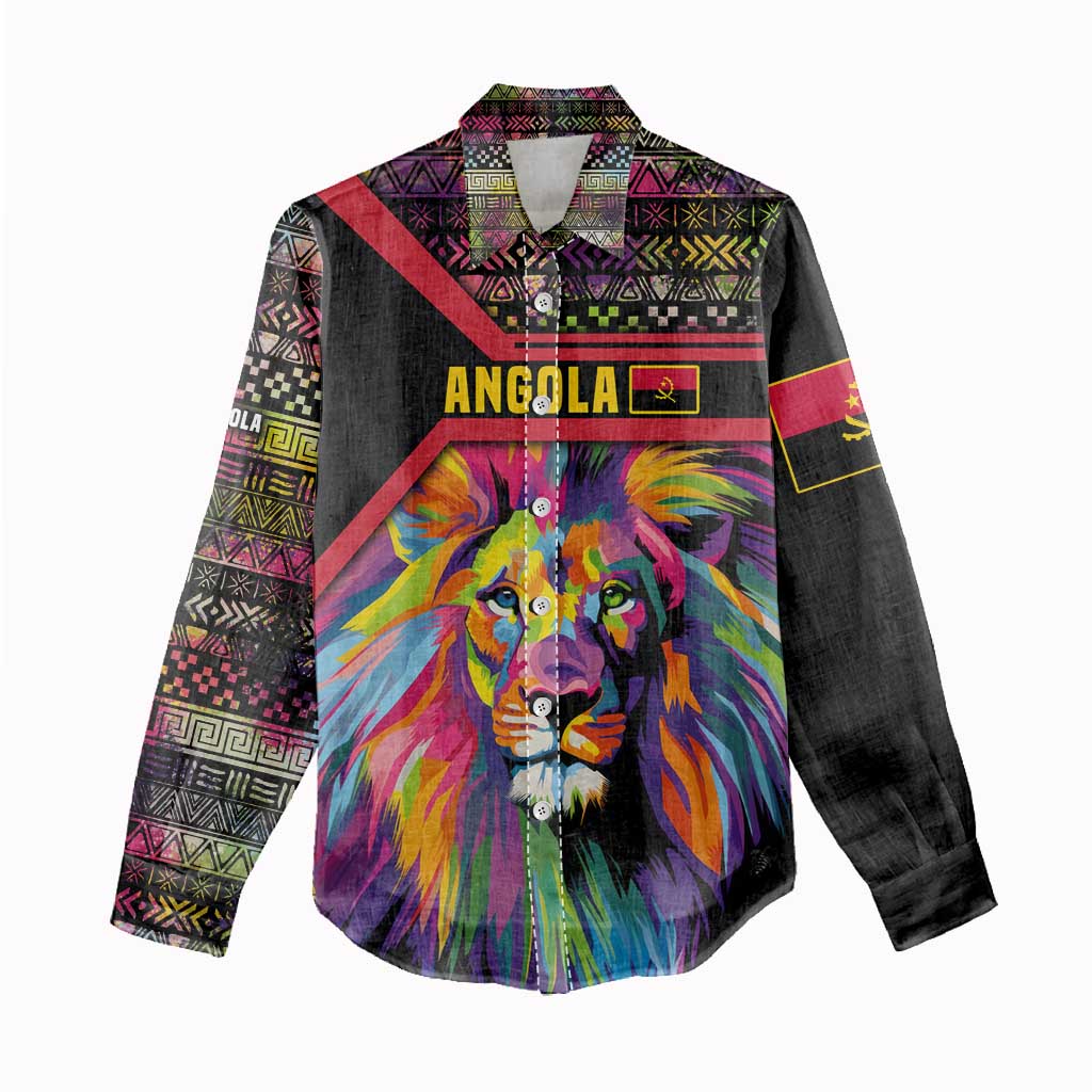 Angola Women Casual Shirt Multicolor Tribal Design and Vibrant Lion - African Pride