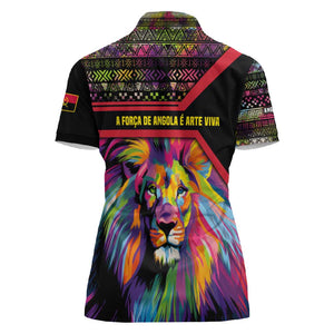Angola Women Polo Shirt Multicolor Tribal Design and Vibrant Lion - African Pride
