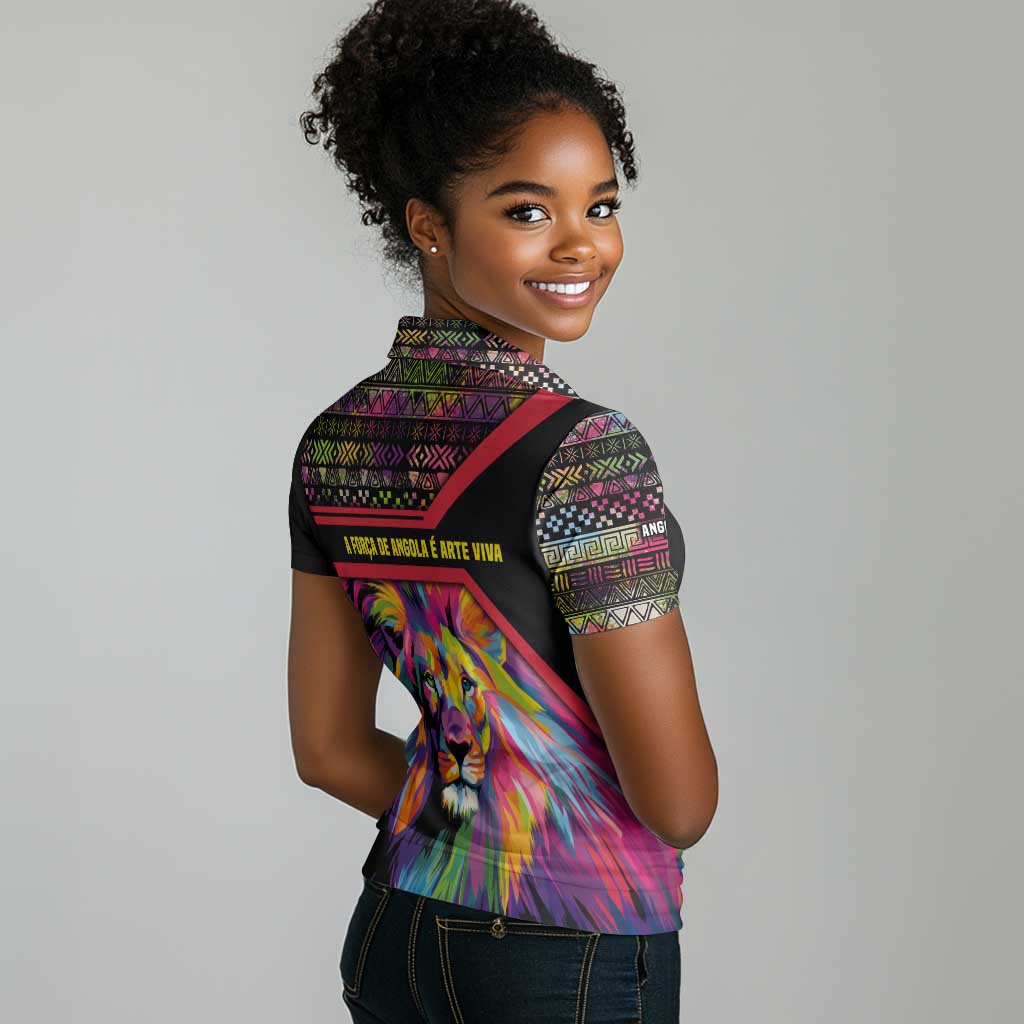 Angola Women Polo Shirt Multicolor Tribal Design and Vibrant Lion - African Pride