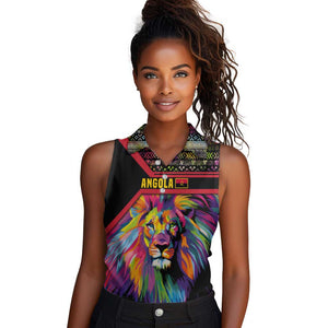 Angola Women Sleeveless Polo Shirt Multicolor Tribal Design and Vibrant Lion - African Pride