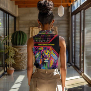 Angola Women Sleeveless Polo Shirt Multicolor Tribal Design and Vibrant Lion - African Pride